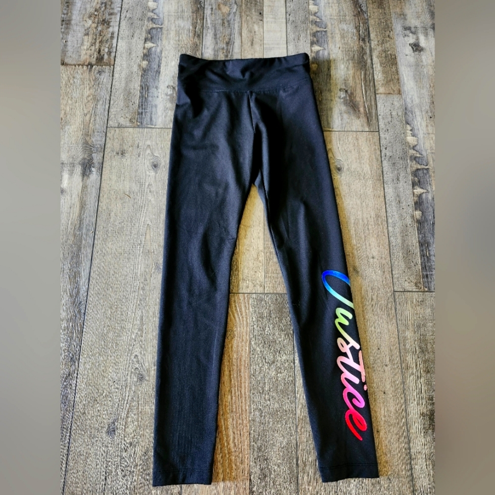 Justice Girls Black Leggings Size 10  Rainbow Ombre Logo| Active Stretch Pants